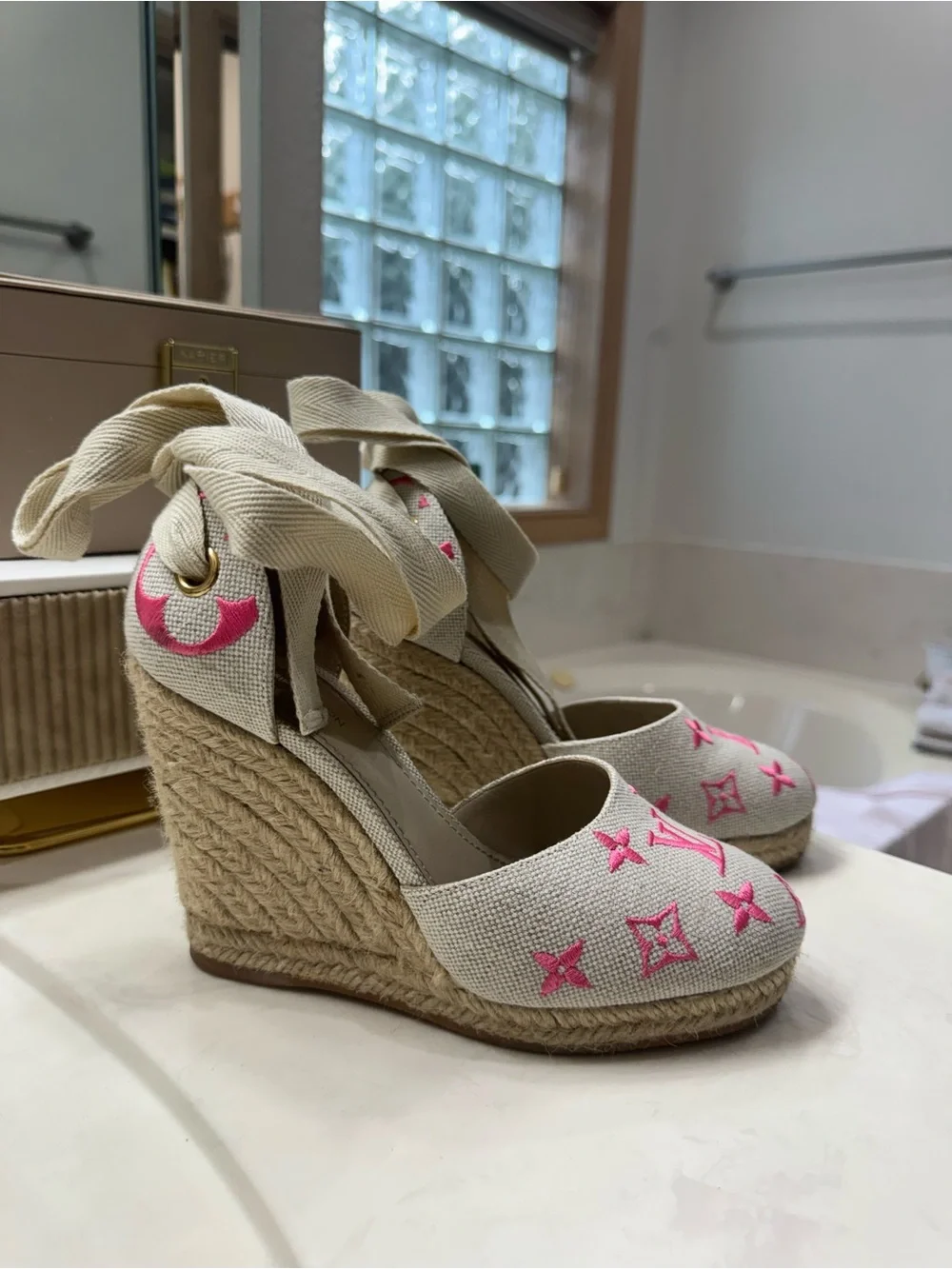 Louis Vuitton Wedge Espadrille Canvas Ankle-Tie Shoes in Cream with Pink Accents